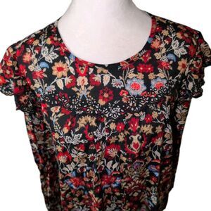 Loft Blouse Women’s Size Medium Multicolor Red Black Floral Scalloped Eyelet